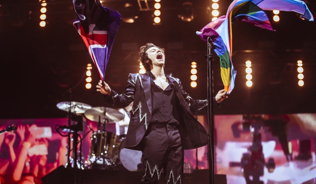 Harry Styles performing in Australia in April 2018, clad in Givenchy