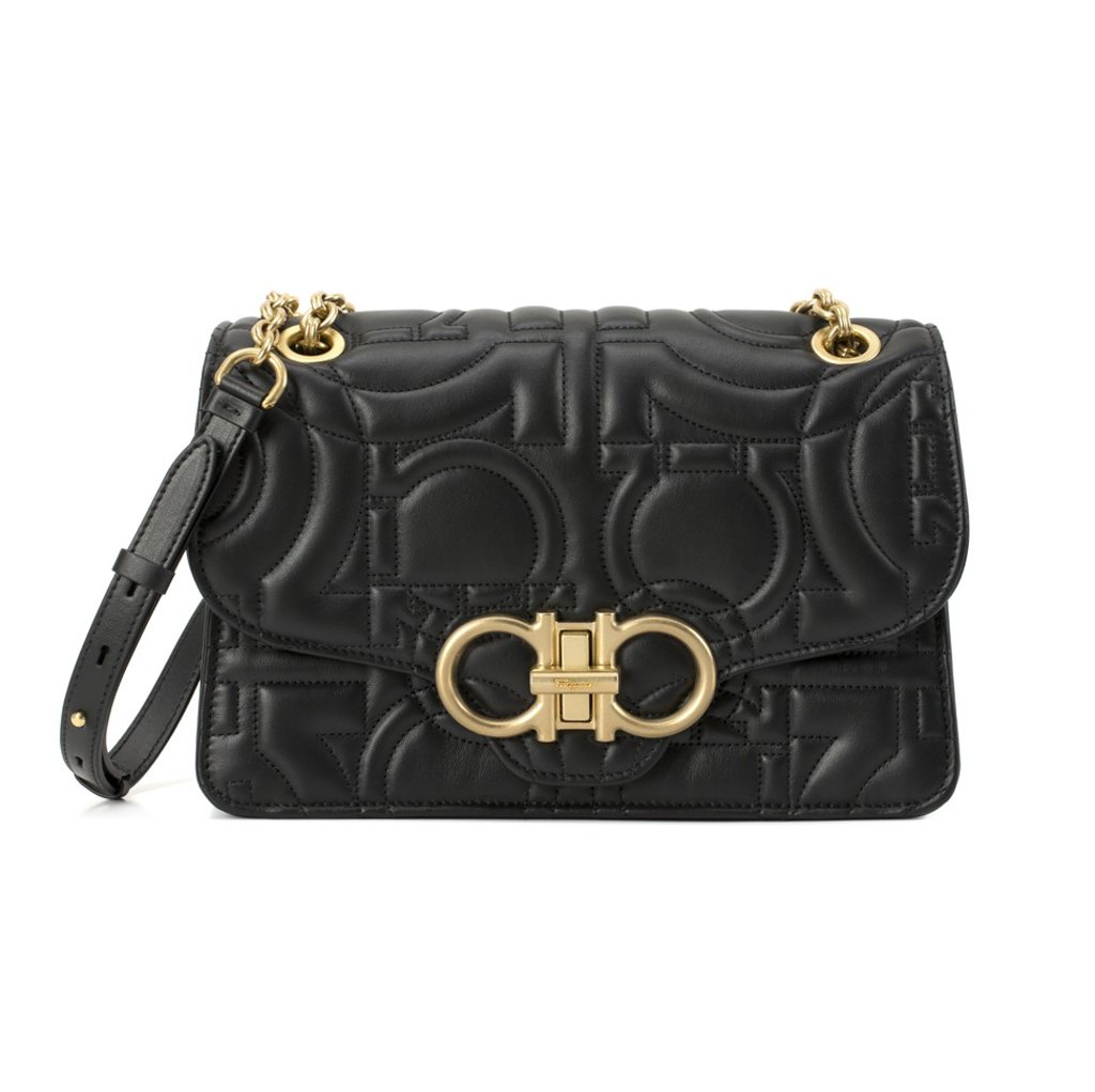 Salvatore Ferragamo’s Gancino quilted flap shoulder bag in black (HK$17,900)