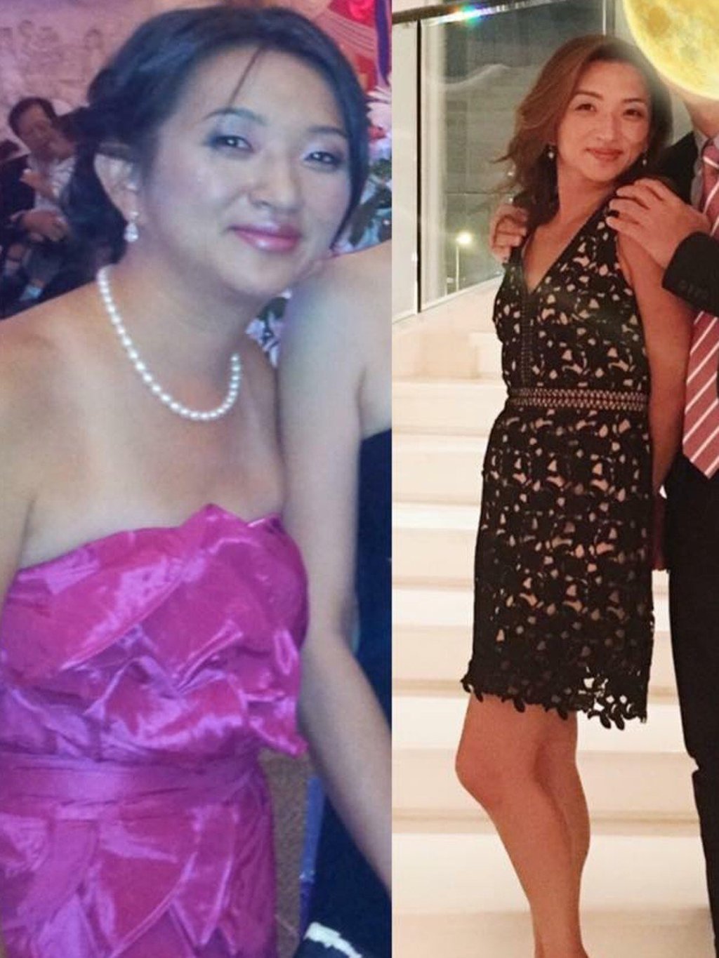 A before and after of Tsang’s weight loss after giving birth.