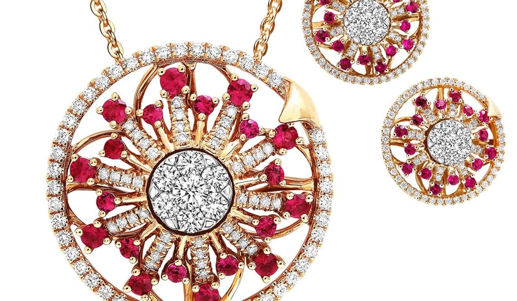 Coronet By Reena Ahluwalia ruby and diamond Inner Brilliance pendant and earrings Coronet By Reena Ahluwalia ruby and diamond Inner Brilliance pendant and earrings