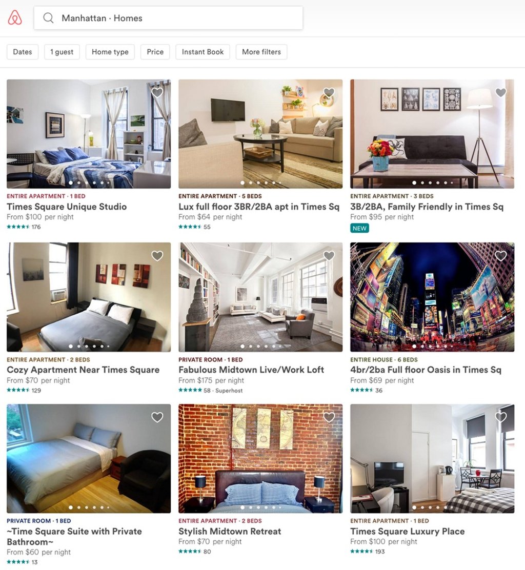 This January 30, 2018 frame from the Airbnb website shows some Manhattan apartments for rent in New York. The holiday rental website is driving up rental prices and reducing housing availability in New York City. Photo: AP Photo