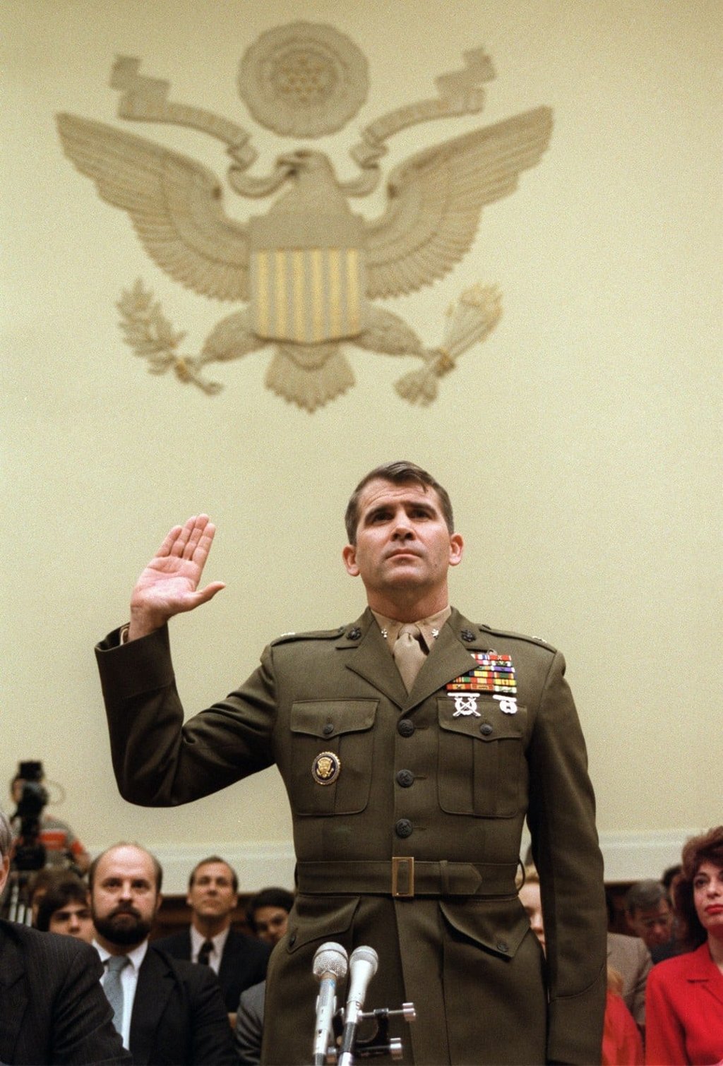In this file photo taken on December 9, 1986, Lieutenant-Colonel Oliver North is sworn in before the House Foreign Affairs Committee hearing in Washington. Photo: Agence France-Presse