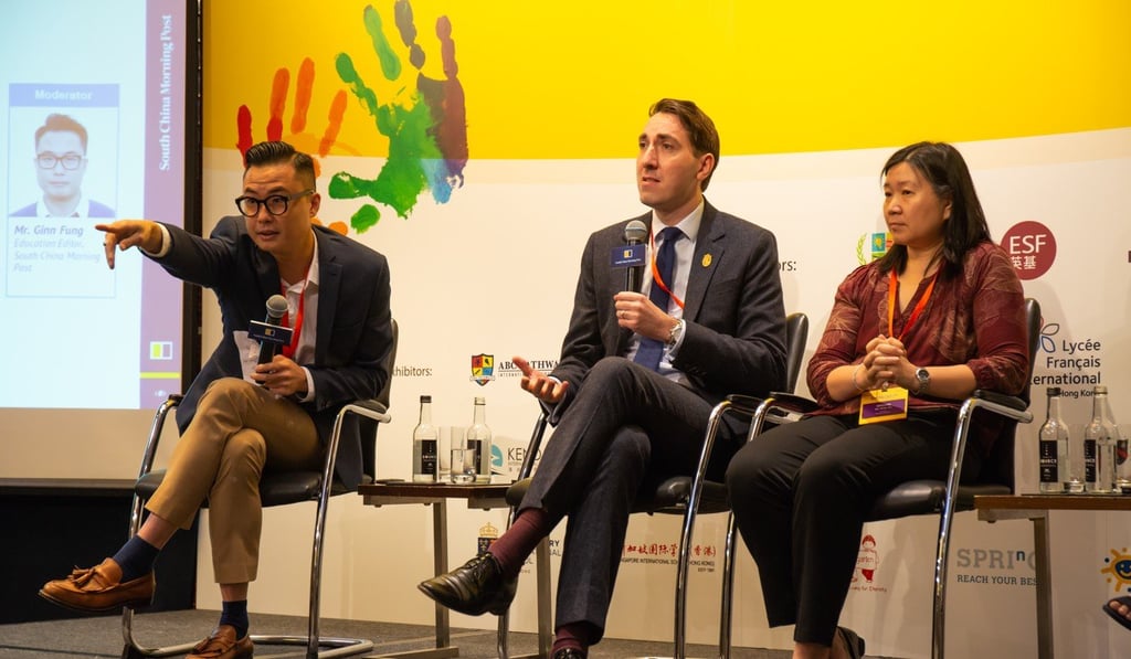 A panel discussion on the relationship between play and early childhood development engaged an enthusiastic audience at the South China Morning Post Kindergartens Festival, at the JW Marriot Hotel on April 21. Leading the panel (from left) were SCMP education editor and moderator Ginn Fung; Ben Keeling, principal of Shrewsbury International School Hong Kong, and Betty Yau, principal of Fairchild Kindergarten. Photo: SCMP A panel discussion on the relationship between play and early childhood development engaged an enthusiastic audience at the South China Morning Post Kindergartens Festival, at the JW Marriot Hotel on April 21. Leading the panel (from left) were SCMP education editor and moderator Ginn Fung; Ben Keeling, principal of Shrewsbury International School Hong Kong, and Betty Yau, principal of Fairchild Kindergarten. Photo: SCMP
