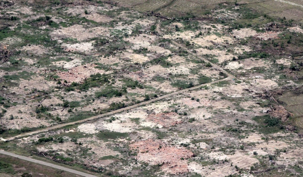 An aerial view this month shows burned down villages once inhabited by the Rohingya seen from the Myanmar military helicopters that carried the UN envoys to northern Rakhine state, Myanmar. Photo: Reuters