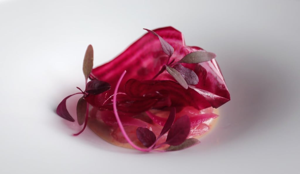Ameabi with bonito jelly, pickled onion and a beetroot chip. Photo: Jonathan Wong