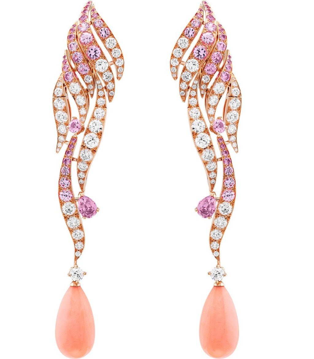 Van Cleef & Arpels. Earrings in pink gold with round and pear-shaped diamonds, round pink sapphires and pink coral