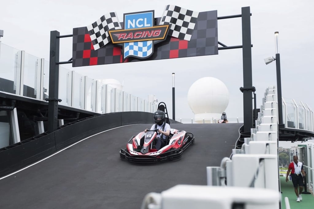 A racetrack for electric go-karts is one of the attractions on board the new cruise liner Norwegian Bliss. Photo: Norwegian Cruise Line/AP A racetrack for electric go-karts is one of the attractions on board the new cruise liner Norwegian Bliss. Photo: Norwegian Cruise Line/AP