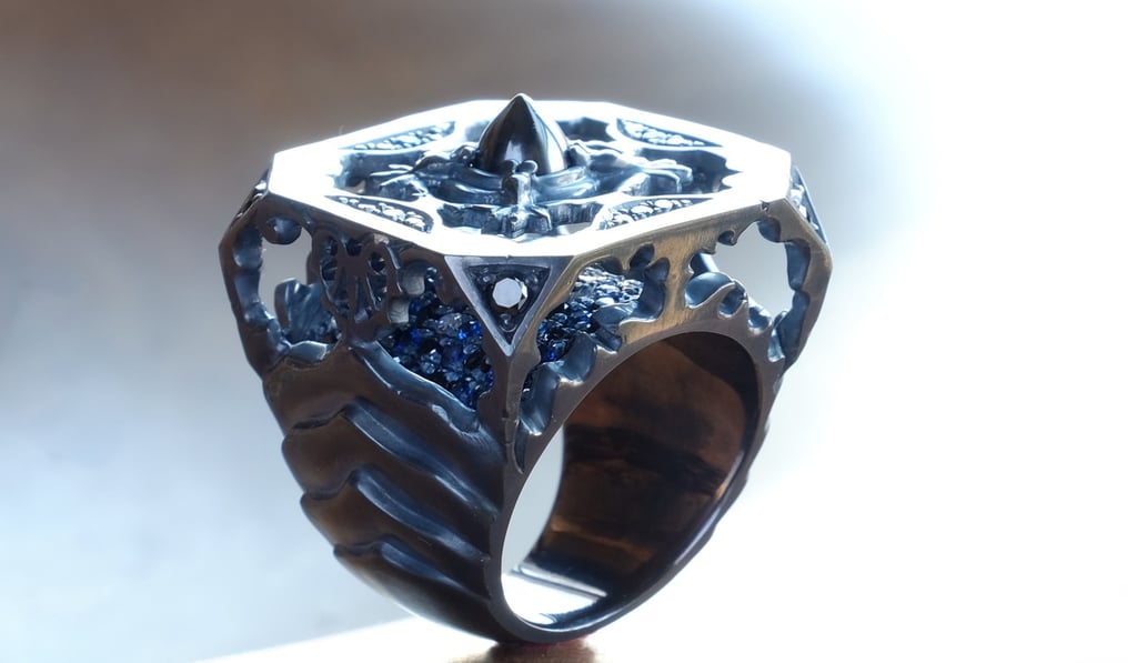 NN by Nghi’s Temple ring with darkened sterling silver, black and blue sapphires, and black diamonds