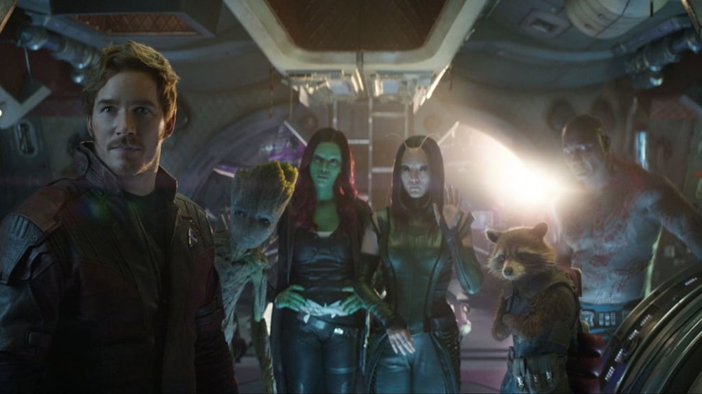 Star-Lord/Peter Quill (Chris Pratt, left), Groot (voiced by Vin Diesel), Gamora (Zoe Saldana), Mantis (Pom Klementieff), Rocket (voiced by Bradley Cooper) and Drax (Dave Bautista) in Marvel Studios’ ‘Avengers: Infinity War’. Photo: Marvel Studios