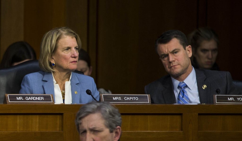 US Senator Todd Young (Republican, Indiana; seen on April 10 in Mark Zuckerberg’s Senate hearing, alongside Republican Senator Shelley Moore Capito) heard that the US’s military might in Asia had declined due to ‘predatory’ Chinese economic practices. Photo: Getty Images