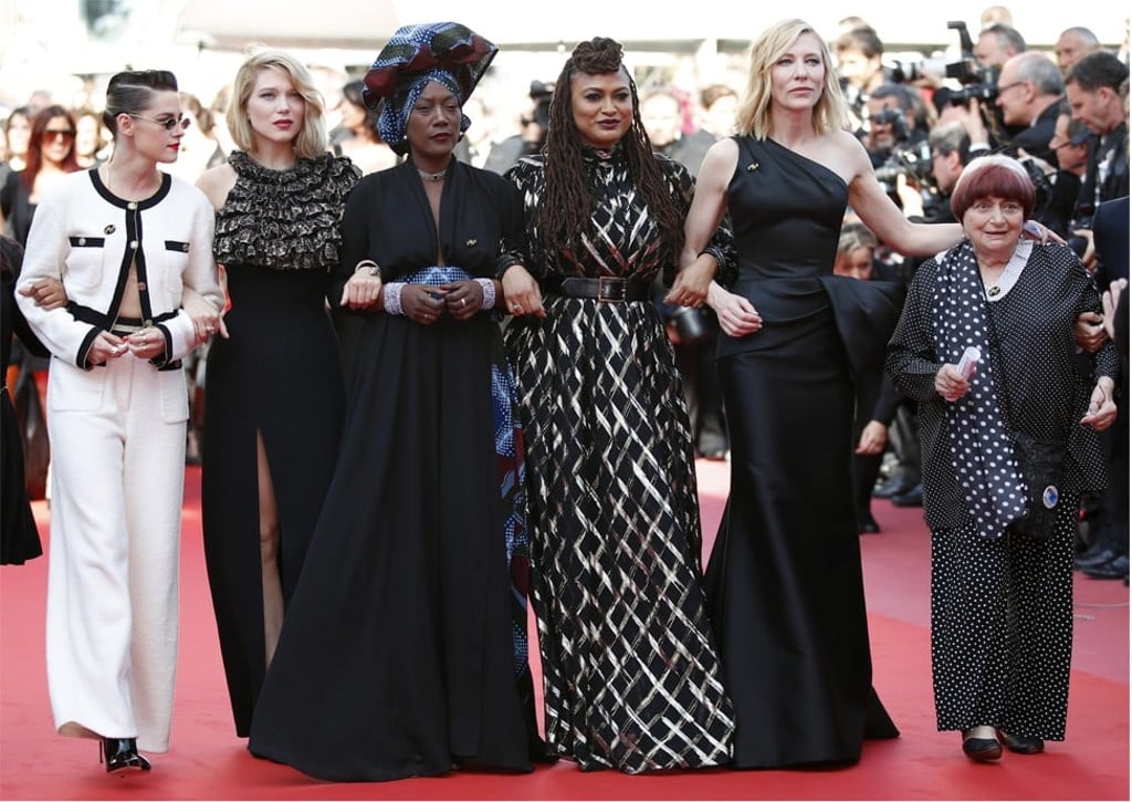 From left to right, actresses Kristen Stewart and Lea Seydoux; musician Khadja Nin; director Ava DuVernay; Cannes jury president and actress Cate Blanchett; and documentarian Agnes Varda arrive at the screening of ‘Girls of the Sun’ at the 71st annual Cannes Film Festival on Saturday. Photo: EPA-EFE
