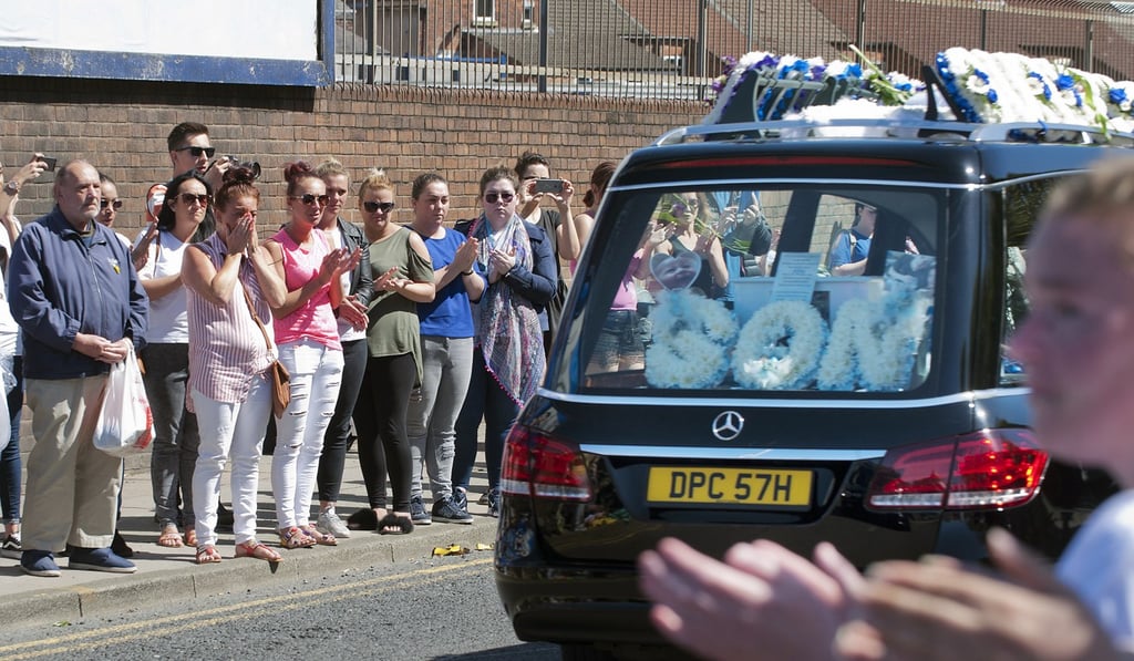 The funeral cortege of Alfie Evans driving past Everton's Goodison Park in Liverpool, England, on Monday. Photo: PA via AP
