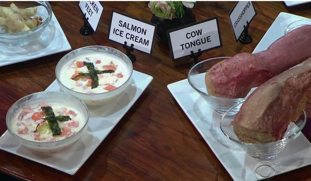 Examples of so-called disgusting foods Corden features on his show include chicken feet (far left).