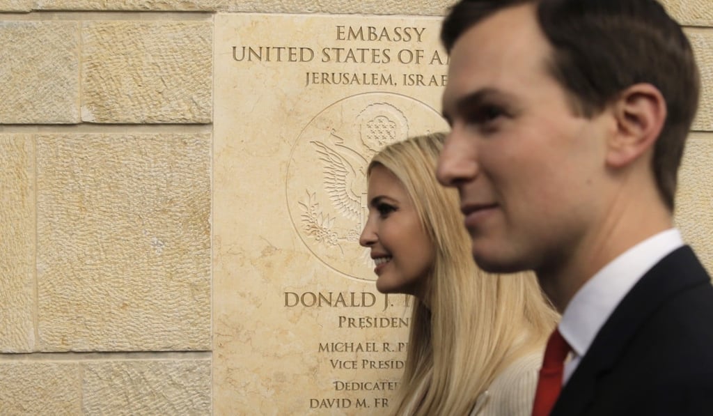 US President Donald Trump's daughter Ivanka and her husband, White House senior adviser Jared Kushner, attends the opening ceremony of the new US Embassy in Jerusalem on Monday. Photo: AP US President Donald Trump's daughter Ivanka and her husband, White House senior adviser Jared Kushner, attends the opening ceremony of the new US Embassy in Jerusalem on Monday. Photo: AP