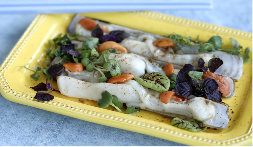 Grilled razor clams with uni and karasumi. Photo: Jonathan Wong