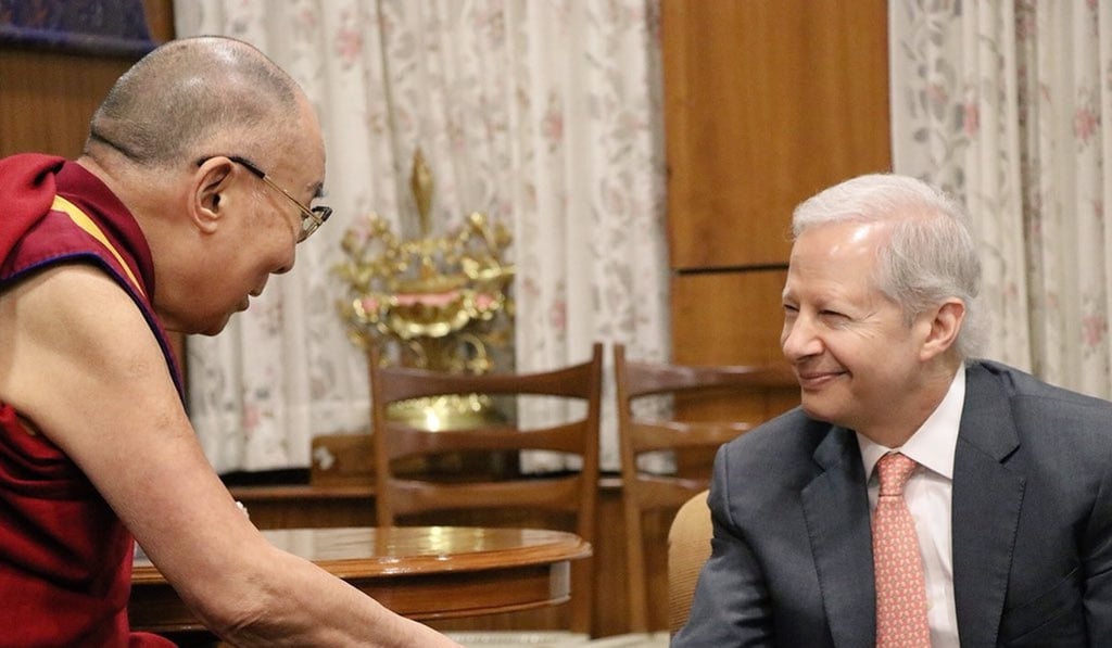 The Dalai Lama, Tibet’s exiled spiritual leader, greets Kenneth Juster, the US ambassador to India, on May 4. Photo: Twitter