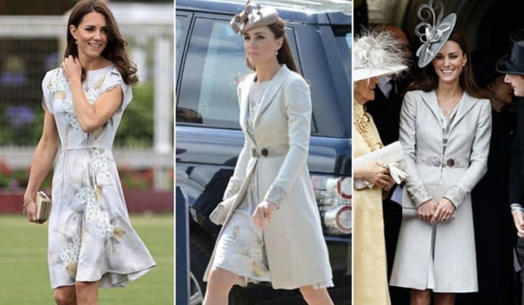 Kate Middleton wearing her Jenny Packham dress and Katherine Hooker coat on different occasions.