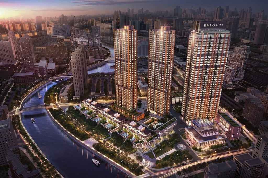A bird’s-eye view of the Bulgari Hotel & Residences Shanghai, located beside the Huangpu River.