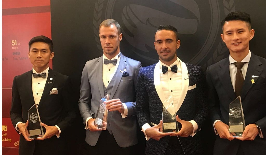 Krisztian Vadocz (second from left) is flanked by the other Top Midfielders, Huang Yang (left), Fernando Augosto Azevedo Pedreira and Wong Wai. Photo: Andrew McNicol