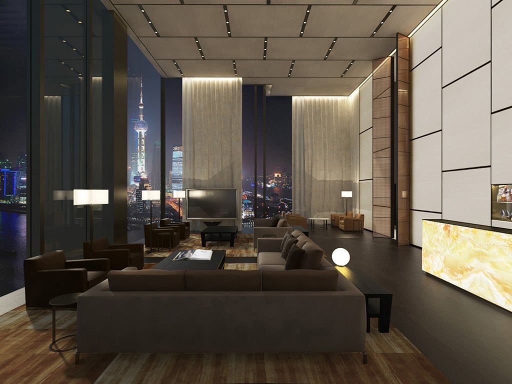 The Bulgari Suite living room area at the Bulgari Hotel & Residences Shanghai.