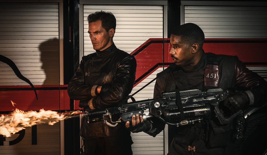 Michael Shannon and Michael B. Jordan star in HBO’s Fahrenheit 451, as fascistic “firemen” who burn books. Photo: Hooman Bahrani