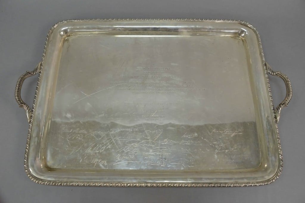 A sterling silver tray, monogrammed ‘A. DAVID ROCKEFELLER PRESIDENTE COUNCIL FOR LATIN AMERICA’ and signed by Bruno Pagliai, Presidente Mexico, dated April 1969. Photo: Nadeau's Auction Gallery