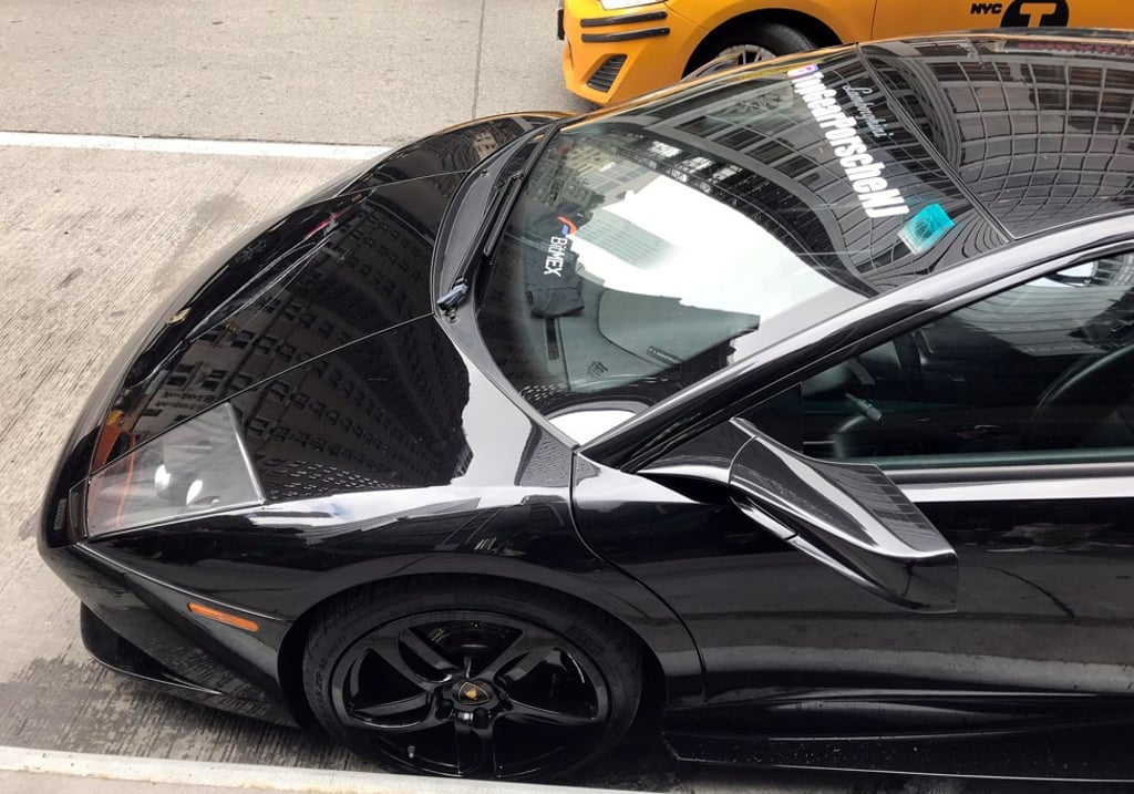 A Lamborghini at the entrance to Consensus, a three-day crypto event in Midtown Manhattan.