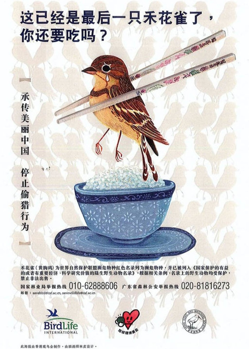 A BirdLife International poster featuring a yellow-breasted bunting poses the question: this is the last of its species, do you really want to eat it?