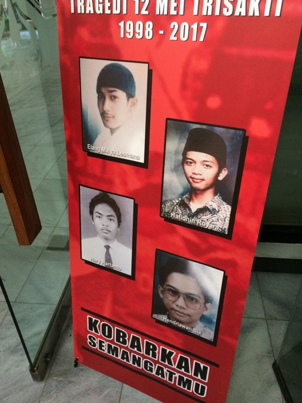 A memorial at Trisakti University bears the photos of students killed during the anti-Suharto riots. Photo: Jeffrey Hutton