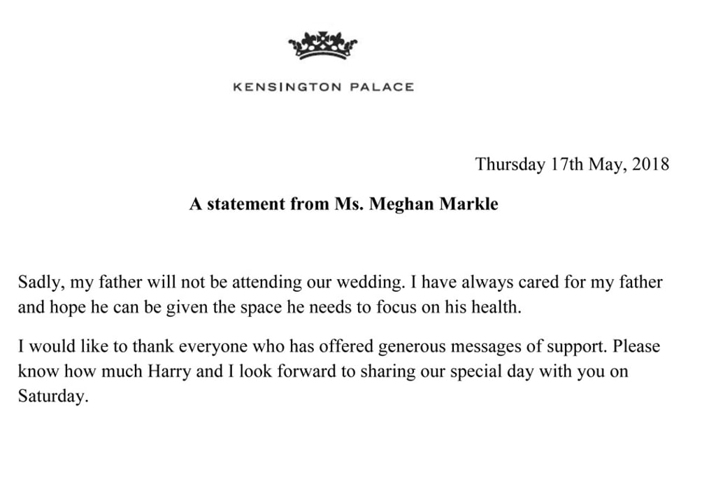 Kensington Palace released this statement from Meghan Markle on Thursday, confirming that her father, Thomas Markle, would not attend her and Prince Harry’s wedding ceremony on Saturday. Photo: Kensington Palace via AP