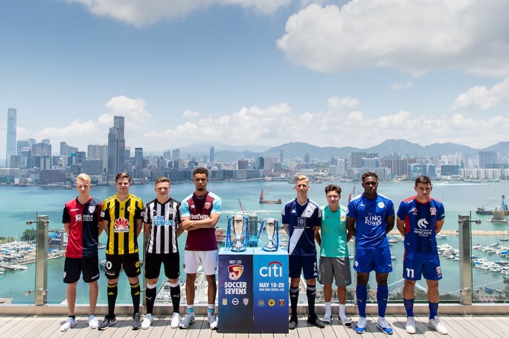 The captains of the teams pose at the photocall and interview session for the 2018 HKFC Citi Soccer Sevens at the Park Lane Hotel on May 17. Photo: Chung Yan Man/Power Sport Images