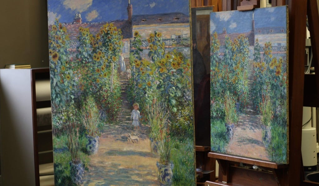 Two paintings by Claude Monet, both painted in 1881 and titled “The Artist's Garden at Vetheuil” are seen unframed at the National Gallery of Art's conservation laboratory in Washington. The larger one on the left is held by the National Gallery of Art, the one on the right by the Norton Simon Museum. Photo: Agence France-Presse Two paintings by Claude Monet, both painted in 1881 and titled “The Artist's Garden at Vetheuil” are seen unframed at the National Gallery of Art's conservation laboratory in Washington. The larger one on the left is held by the National Gallery of Art, the one on the right by the Norton Simon Museum. Photo: Agence France-Presse