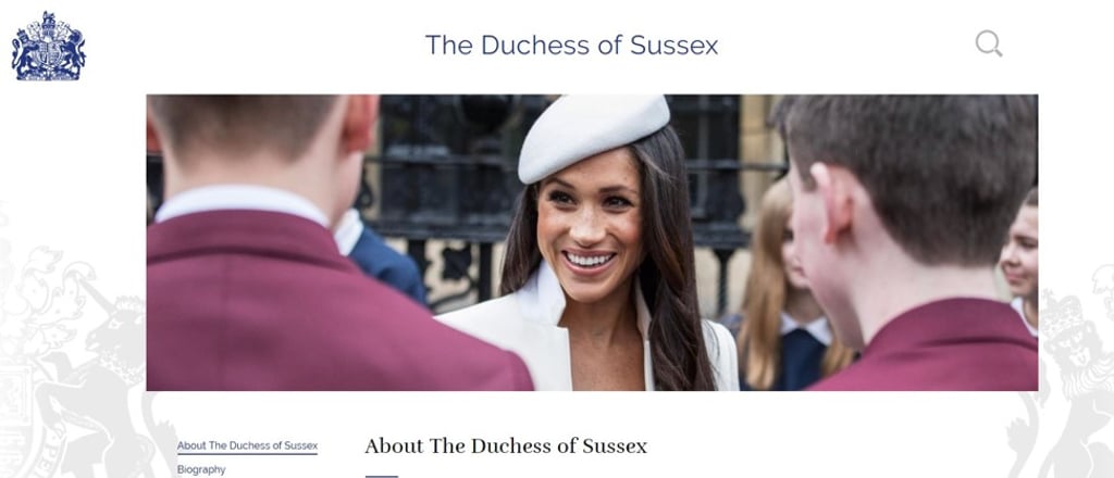 The profile page of Meghan Markle, Duchess of Sussex. Photo: Royal.uk