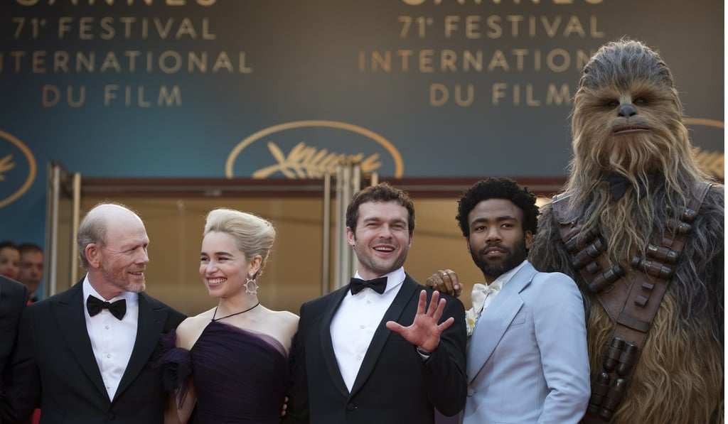 From left: Ron Howard, Emilia Clarke, Alden Ehrenreich, Donald Glover, and Chewbacca at the 71st annual Cannes Film Festival. Photo: EPA-EFE/Ian Langsdon From left: Ron Howard, Emilia Clarke, Alden Ehrenreich, Donald Glover, and Chewbacca at the 71st annual Cannes Film Festival. Photo: EPA-EFE/Ian Langsdon