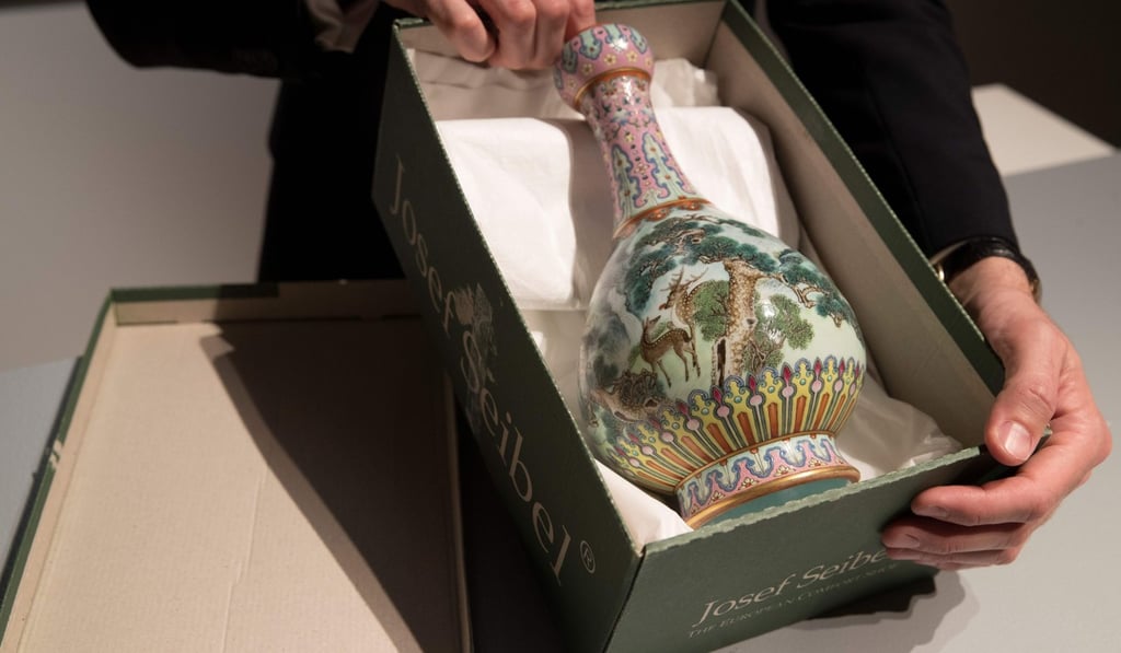 A rare imperial Qianlong porcelain vase, which was stored in a shoebox in an attic for decades, will be sold at Sotheby's Paris in June. Photo: AFP A rare imperial Qianlong porcelain vase, which was stored in a shoebox in an attic for decades, will be sold at Sotheby's Paris in June. Photo: AFP