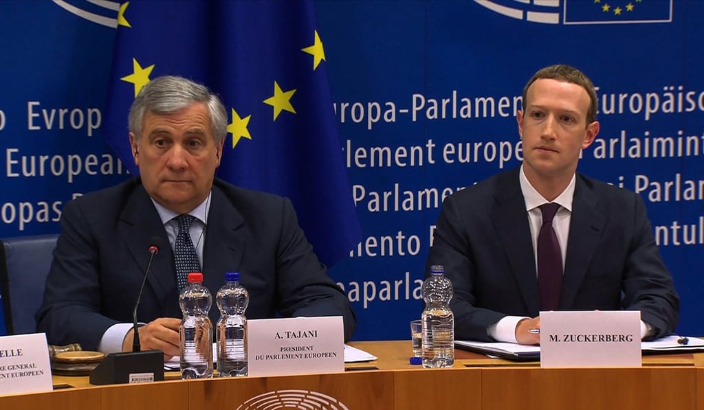 European Parliament President Antonio Tajani and Facebook CEO Mark Zuckerberg at the European Union headquarters in Brussels, Belgium, on Tuesday. Photo: AFP / EBS
