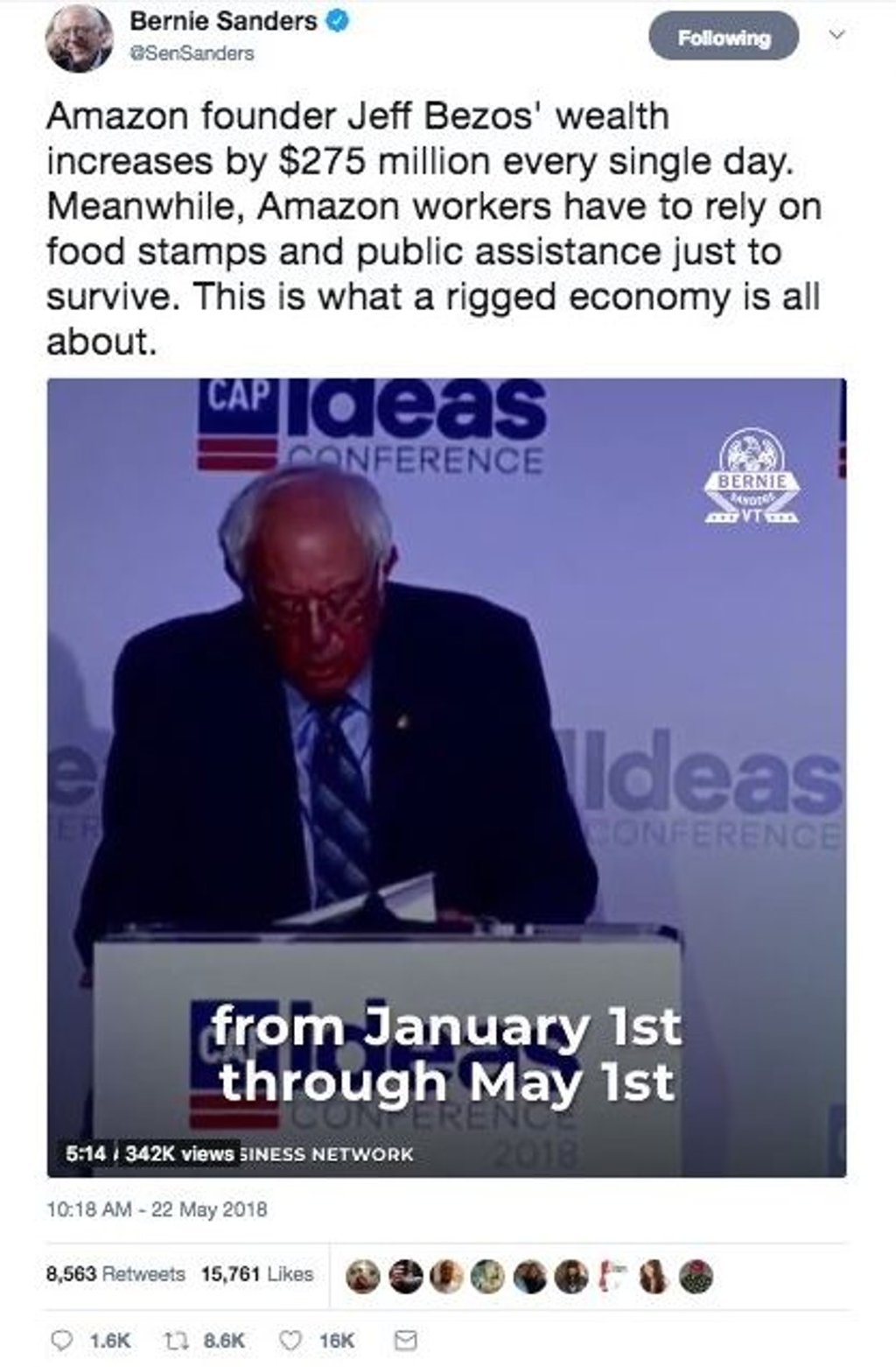 The tweet posted by US Senator Bernie Sanders about Jeff Bezos’ wealth. Photo: Twitter
