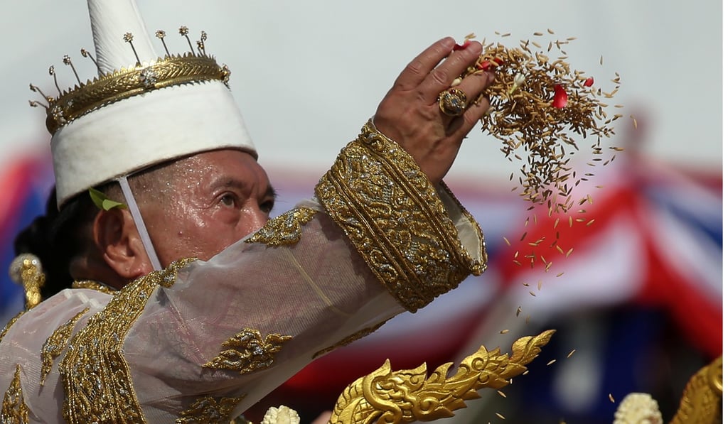 Lertviroj Kowattana, permanent secretary of the Thai Ministry of Agriculture and Co-operatives (C), dressed in a traditional costume, throws rice grains during the annual royal ploughing ceremony in central Bangkok on May 14. Photo: Reuters