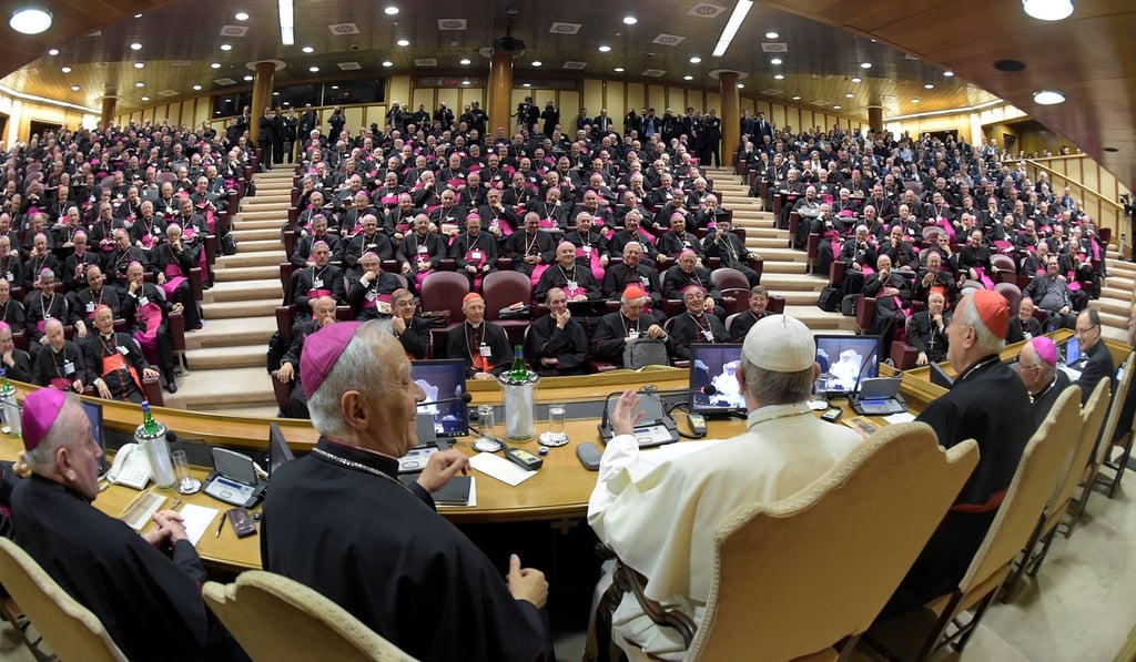Pope Francis leads the Italian conference of bishops meeting at the Vatican on May 21. Photo: Vatican media handout