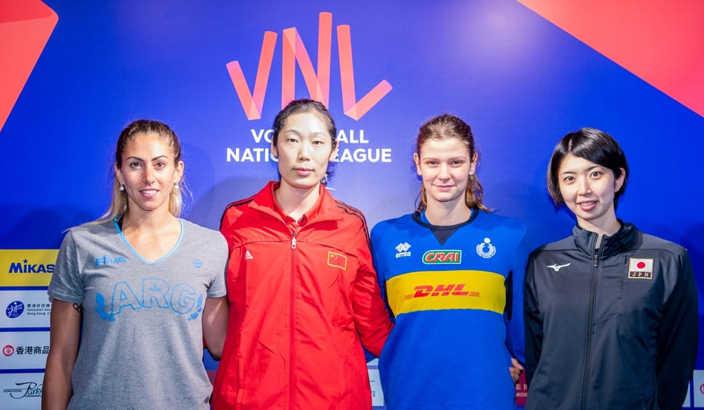 Julieta Constanza Lazcano (Argentina), Zhu Ting (China), Cristina Chirichella (Italy) and Nana Iwasaka (Japan) at the FIVB Nations League launch in Hong Kong. Photo: Handout