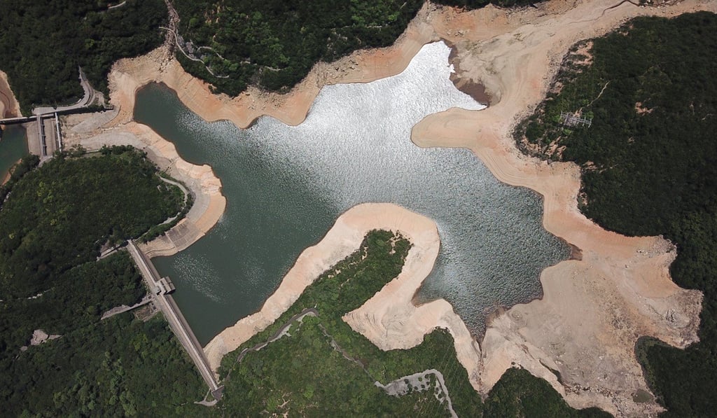 Aerial view of Tai Tam Reservoir showing how far its shoreline has receded amid the heatwave. Photo: Winson Wong