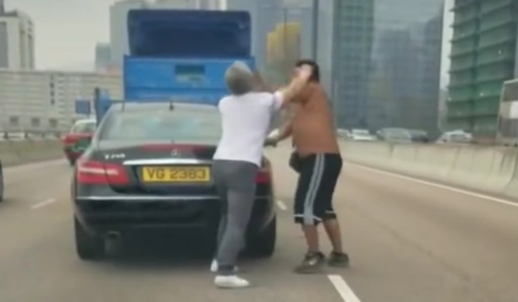 The drivers of a truck and a Mercedes-Benz trade blows on the Kwun Tong Bypass on April 21. Photo: YouTube