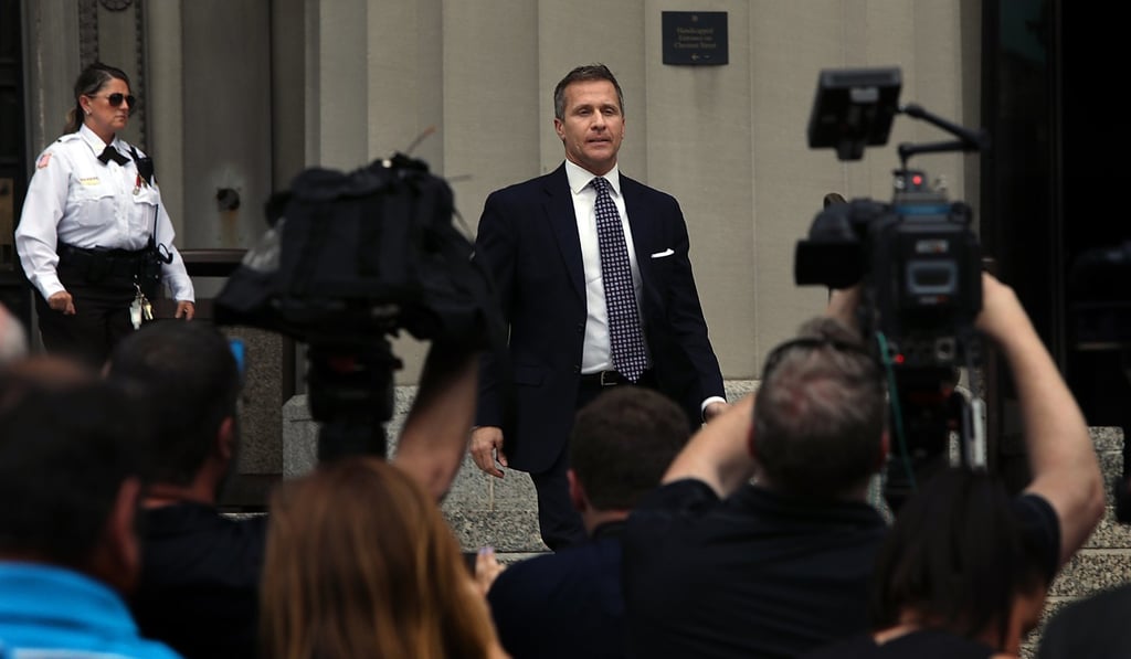 Missouri Governor Eric Greitens leaves the civil courts building to speak with reporters on May 14. Photo: St. Louis Post-Dispatch via AP