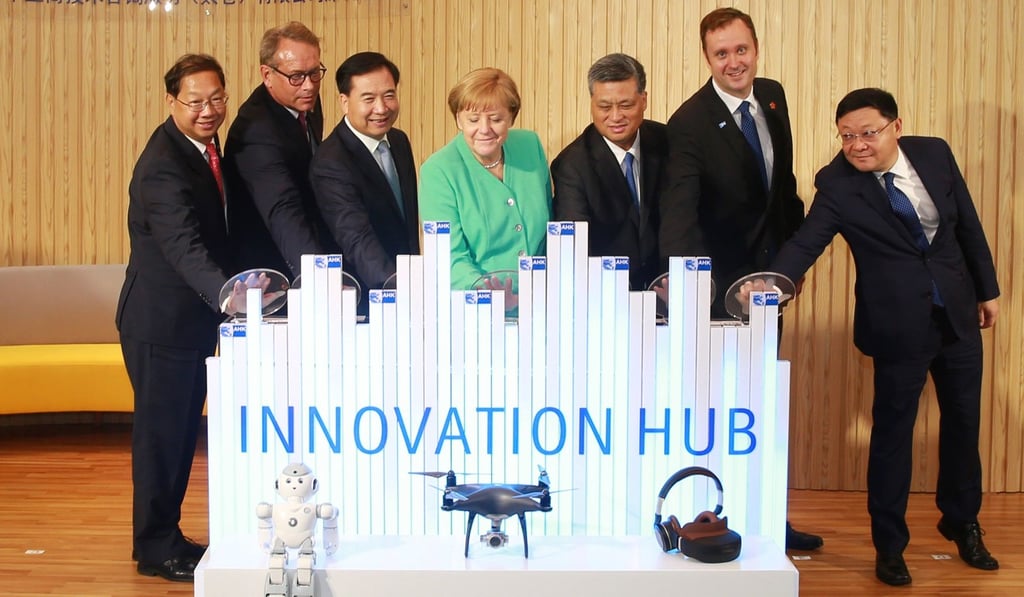 German Chancellor Angela Merkel at the opening of the German Chamber of Commerce (AHK) as an innovation hub, in Shenzhen on May 25. Photo: AFP