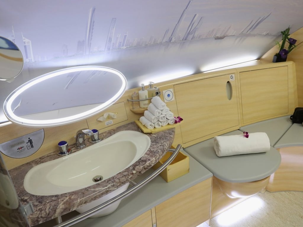 The first-class washroom on an Emirates A380. Photo: Business Insider/Sean Gallup The first-class washroom on an Emirates A380. Photo: Business Insider/Sean Gallup