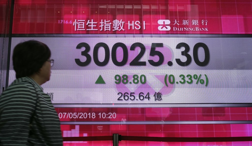 A woman walks past an electronic board showing the Hong Kong share index outside a bank in Hong Kong on May 7. Photo: Vincent Yu A woman walks past an electronic board showing the Hong Kong share index outside a bank in Hong Kong on May 7. Photo: Vincent Yu
