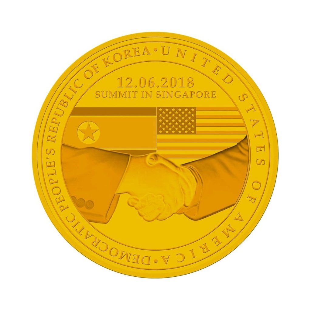 A design for one of three medallions unveiled by Singapore Mint commemorating U.S. President Donald Trump and North Korean leader Kim Jong-un's meeting in Singapore. Photo: Reuters