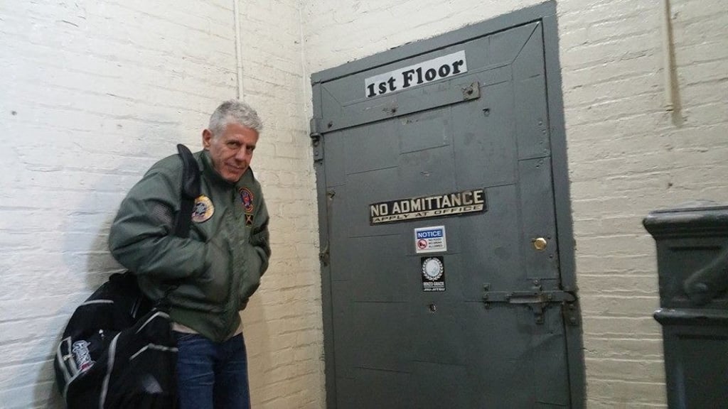 Anthony Bourdain waits outside a gym. Photo: Parts Unknown Medium blog
