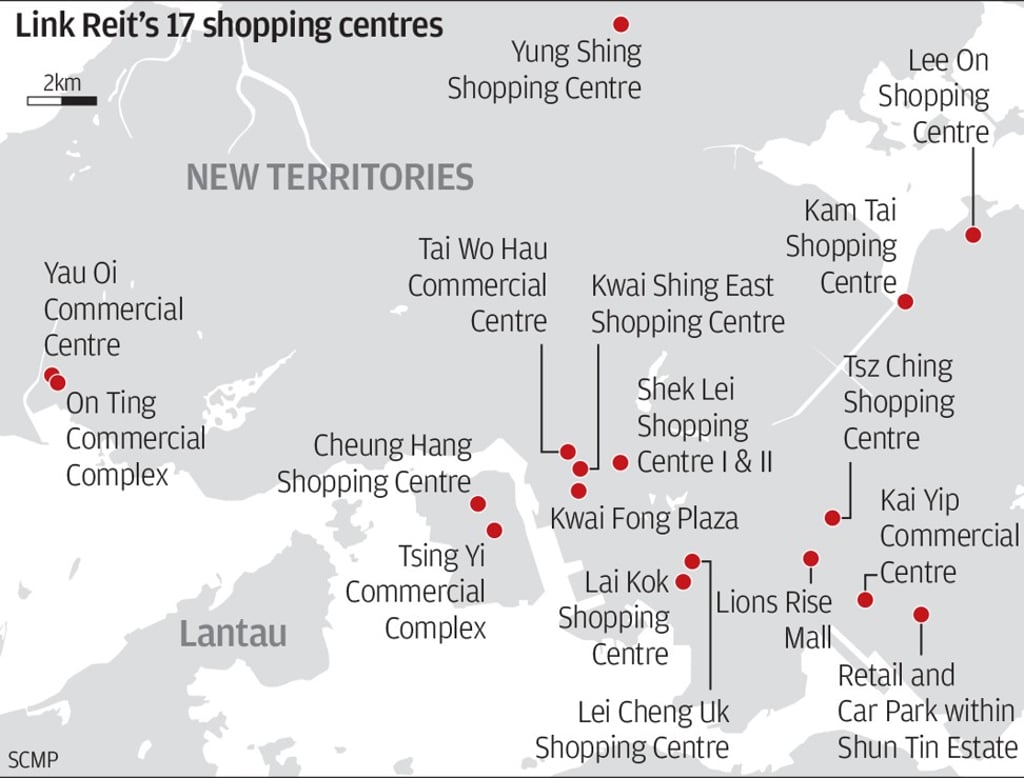 Link Reit’s 17 shopping centres that were sold last year.