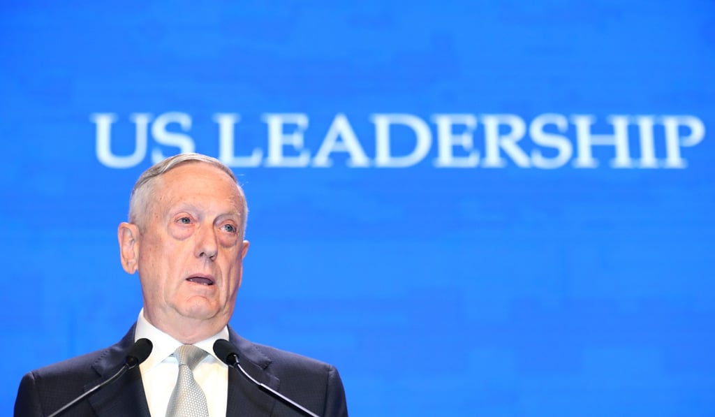 US Secretary of Defence James Mattis speaks during the Shangri-La Dialogue Asia Security Summit in Singapore, on June 2. Mattis blasted China’s deployment of military assets in the South China Sea, expanding the Trump administration’s criticism amid a continued dispute over trade. Photo: Bloomberg US Secretary of Defence James Mattis speaks during the Shangri-La Dialogue Asia Security Summit in Singapore, on June 2. Mattis blasted China’s deployment of military assets in the South China Sea, expanding the Trump administration’s criticism amid a continued dispute over trade. Photo: Bloomberg